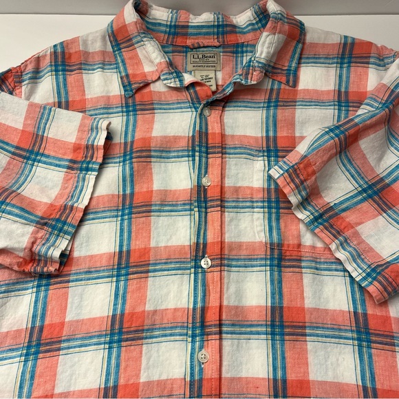 LL Bean Mens Colorful Plaid 100% Linen Short Sleeve Casual Button Front Shirt XL - Picture 10 of 12